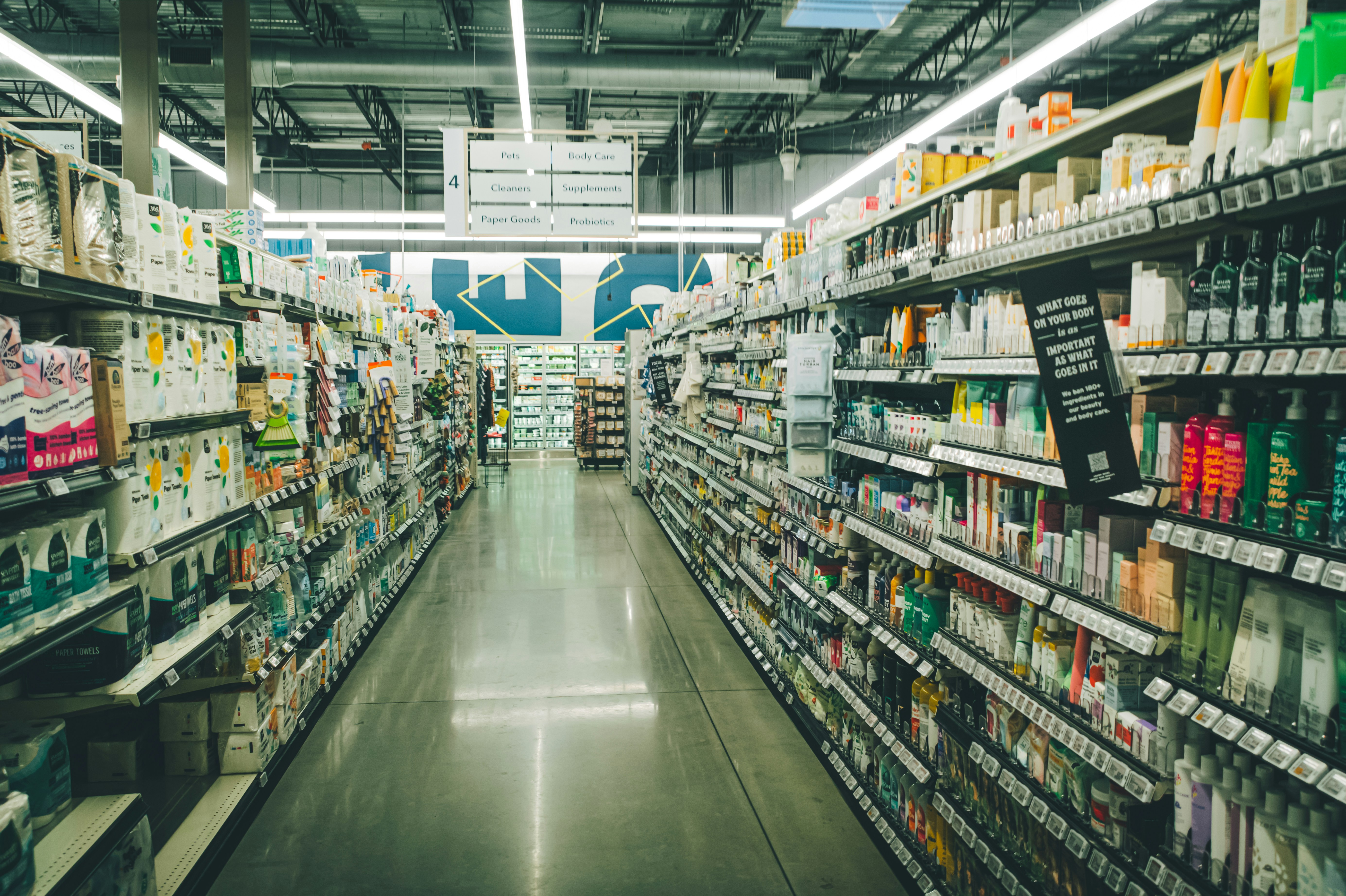 Retail store aisle filled with consumer products
